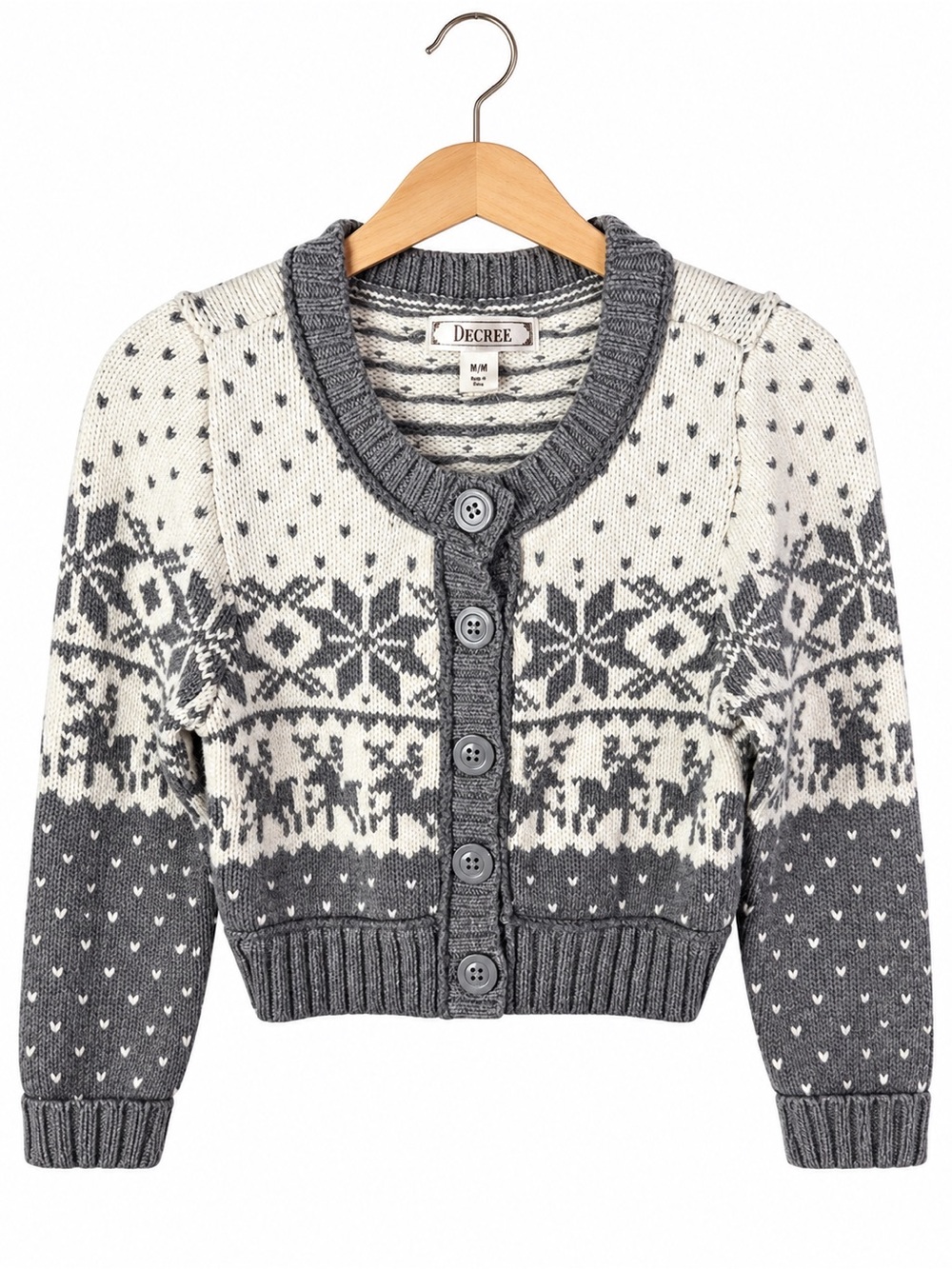 Decree Fair Isle Cardigan M Gray Cream Nordic Button Front Cropped Sweater